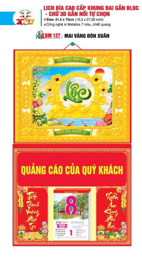 Bìa Lịch Treo Khung Đại Gắn Bloc BM 2027 BM127 - Mai Vàng Đón Xuân - Quà Tặng Sự Kiện VIP